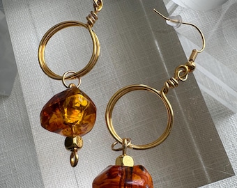 Gold plated amber glass hoop drop earrings