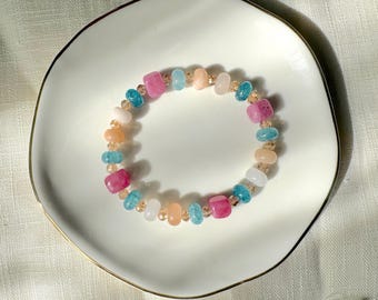 Pastel Gemstone Stretch Bracelet: Pink, Turquoise, Peach, White Beads, Crystal Accents
