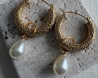 Textured gold pearl drop hoop earrings