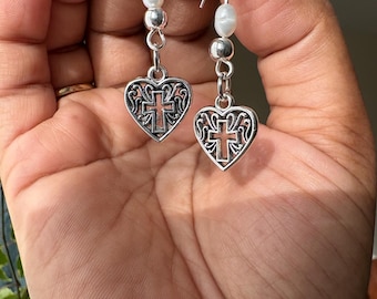 Freshwater pearl and cross heart drop earrings