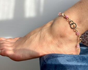 Soft Pink Gemstone Anklet with Gold Chain and Crystal Accents