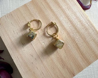 Gold Dice Charm Hoop Earrings, Crystal Accented Huggie Hoops