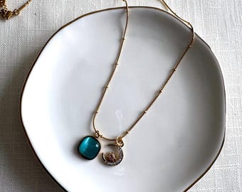 Gold Moon Star Necklace, Turquoise Stone, Celestial Pendant, 18K Plated Stainless Steel