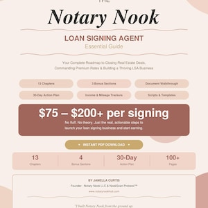 May include: A digital guide titled "The Notary Nook: Loan Signing Agent Essential Guide." The cover is a light beige with dark brown accents. It includes information on closing real estate deals, commanding premium rates, and building a thriving LSA business. The guide offers 13 chapters, 3 bonus sections, and a 30-day action plan.