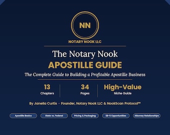 May include: A dark blue graphic with gold text and a white logo. The text reads "The Notary Nook APOSTILLE GUIDE" and "The Complete Guide to Building a Profitable Apostille Business." It includes information on chapters, pages, and niche guide.