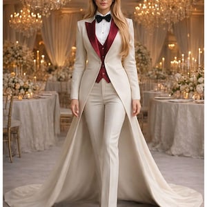 May include: A cream-colored tuxedo suit featuring a long, flowing coat with a train, a deep burgundy vest, a white button-down shirt, and a black bow tie. The ensemble includes matching cream-colored trousers and pointed-toe heels.