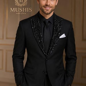 Black Sequin Lapel Tuxedo Suit, Luxury Groom Wedding Blazer, Formal Evening Jacket