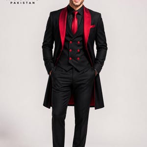 red black formal dress men Mens Red and Black Tuxedo Three Piece Formal Suit with Satin Shawl Lapel for Wedding and Prom