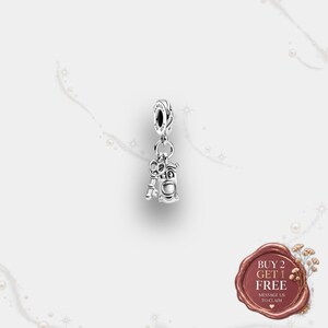 Key and Door Knob Double Dangle Charm in Sterling Silver 925, Disney Alice in Wonderland Design with Openwork Loops and a Sculpted Face