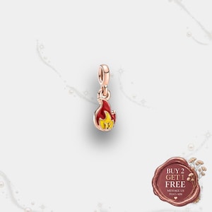 Fire Silhouette Mini Dangle Charm, Rose Gold Plated S925 with Red Enamel Around a Yellow Flame and a Yellow Man-Made Crystal Accent