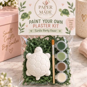 May include: A clear plastic bag containing a white plaster turtle figurine, a wooden paintbrush, and four small circular paint pots in green, light green, brown, and cream. The header card reads Paper & Made Paint Your Own Plaster Kit.