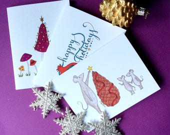 Set of 3 Holiday Cards. Illustrated Christmas Cards. Whimsical Christmas Cards. Cute Holiday Cards. Illustrated Holiday Cards.