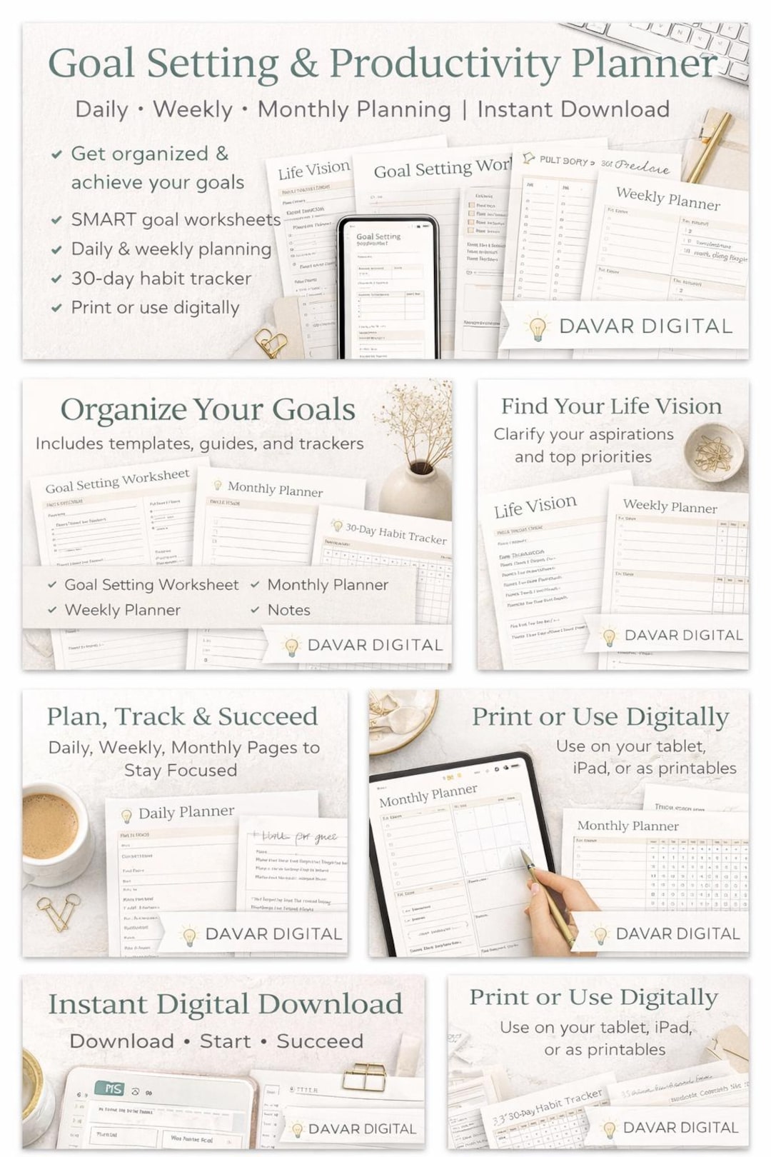 Goal Setting & Productivity Planner | Printable Planner | Daily Weekly ...