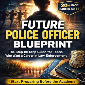 May include: A book cover with the title "FUTURE POLICE OFFICER BLUEPRINT" in large yellow and blue letters. The cover includes the text "The Step-by-Step Guide for Teens Who Want a Career in Law Enforcement" and "20+ PAGE CAREER GUIDE". A police badge is also visible.