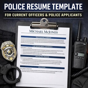 May include: A police resume template with the text "POLICE RESUME TEMPLATE" and "FOR CURRENT OFFICERS & POLICE APPLICANTS". The resume is on a clipboard next to a police badge, handcuffs, and a walkie-talkie. The resume includes the name "MICHAEL MCJONES".