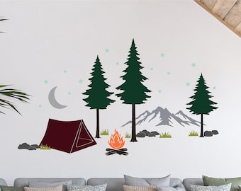 Outdoor Camping Scene Vinyl Wall Decal Set, Kid's Room Wall Decor SP-143