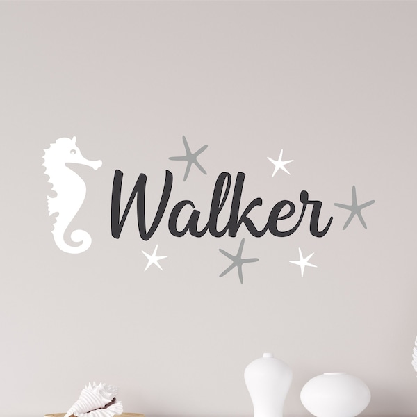 Personalized Name with Seahorse & Starfish Vinyl Wall Decal Set, Underwater Ocean Nautical  NM-150