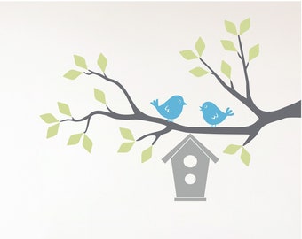 Tree Branch with Birdhouse and Birds Wall Decal Set, Tree Wall Decor - BT-111