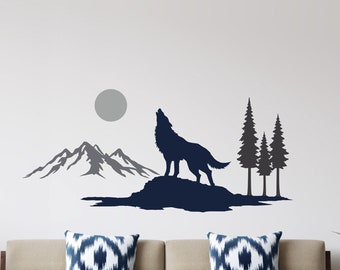 Wolf Wall Decal, Wolf howling at the moon with mountains & trees, Animal Home Art Decor, Vinyl Sticker A-132