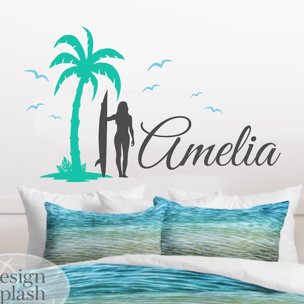 Girl's Name with Surfer Girl, Palm Tree and Seagulls Vinyl Wall Decal Set, Girl's Beach Wall Decor NM-142