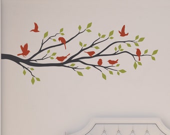 Tree Branch with Leaves and Birds Wall Decal Set, Tree Wall Decor - BT-108