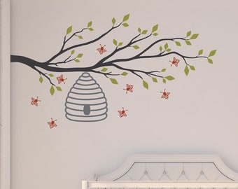 Tree Branch with Leaves, Beehive and Bees Wall Decal Set - BT-109