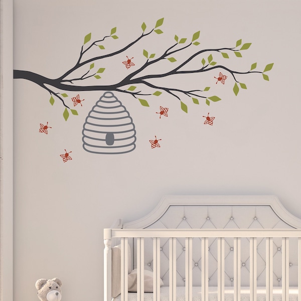 Tree Branch with Leaves, Beehive and Bees Wall Decal Set - BT-109