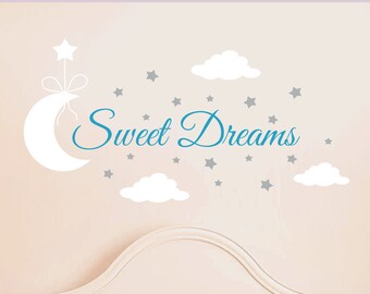 SWEET DREAMS with Moon, Clouds & Stars Vinyl Wall Decal Baby Nursery Sticker Q-116