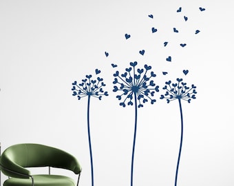 Heart Dandelions, Whimsical Flower Decals with Floating Hearts, Floral Botanical Nursery, Bedroom, Kitchen, Living Room Wall Art BF-100