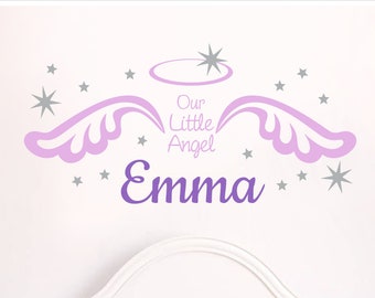 Our Little Angel, Personalized Girl's Name with Angel Wings, Halo & Stars Wall Decal Set NK-135