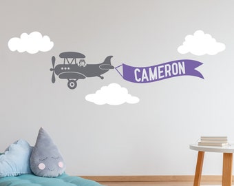 Airplane with Personalized Name Banner and Clouds, Bi-Plane Wall Decal, Boys, Girls, Kids, Play Room, Nursery NK-140