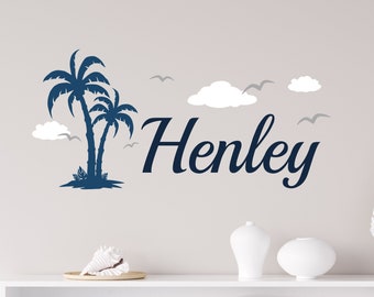 Personalized Name Wall Decal: Tropical Palm Tree Beach Decor, NM-148
