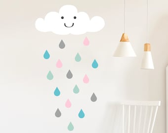 Happy Cloud and Raindrops Nursery Wall Decal Set - NK-138
