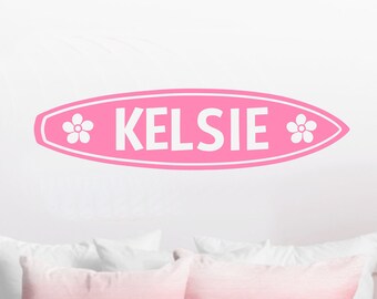 Personalized Name Surfboard with Flowers, Modern Beach Wall Decal Design, Teens, Tweens, Nursery Decor B-101
