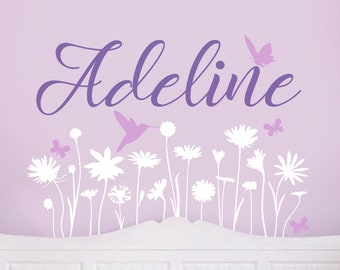 FLOWER GARDEN with Personalized Name Hummingbird and Butterflies Vinyl Wall Decal Set Girl's Room BF-102