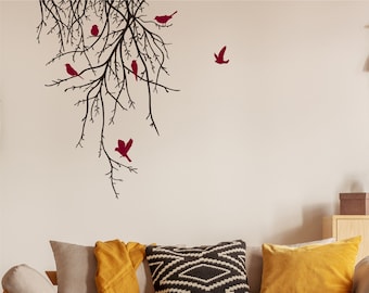 Winter Tree Branch with 6 Birds Decal Set, Wall Decor for Living Room, Entryway, Kitchen, Bedroom, Dining Room, Nursery, Kids Room BT-101