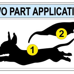 May include: A black silhouette of a dachshund dog jumping with the number 1 in a yellow circle on its back. Above the dog is a black silhouette of a tail with the number 2 in a yellow circle.