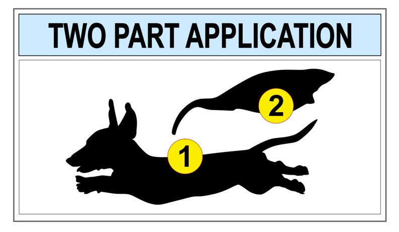 May include: A black silhouette of a dachshund dog jumping with the number 1 in a yellow circle on its back. Above the dog is a black silhouette of a tail with the number 2 in a yellow circle.