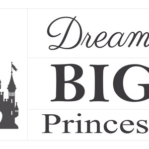 May include: Black and white silhouette of a castle with a heart cutout, with the text "Dream BIG Princess" and a row of stars on the right side.