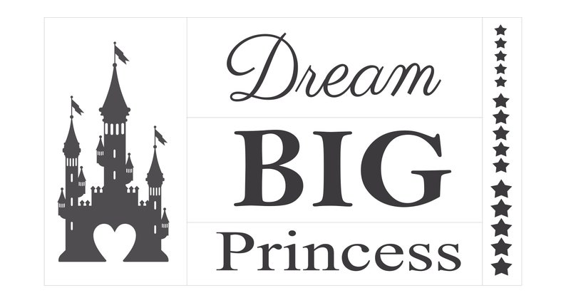 May include: Black and white silhouette of a castle with a heart cutout, with the text "Dream BIG Princess" and a row of stars on the right side.
