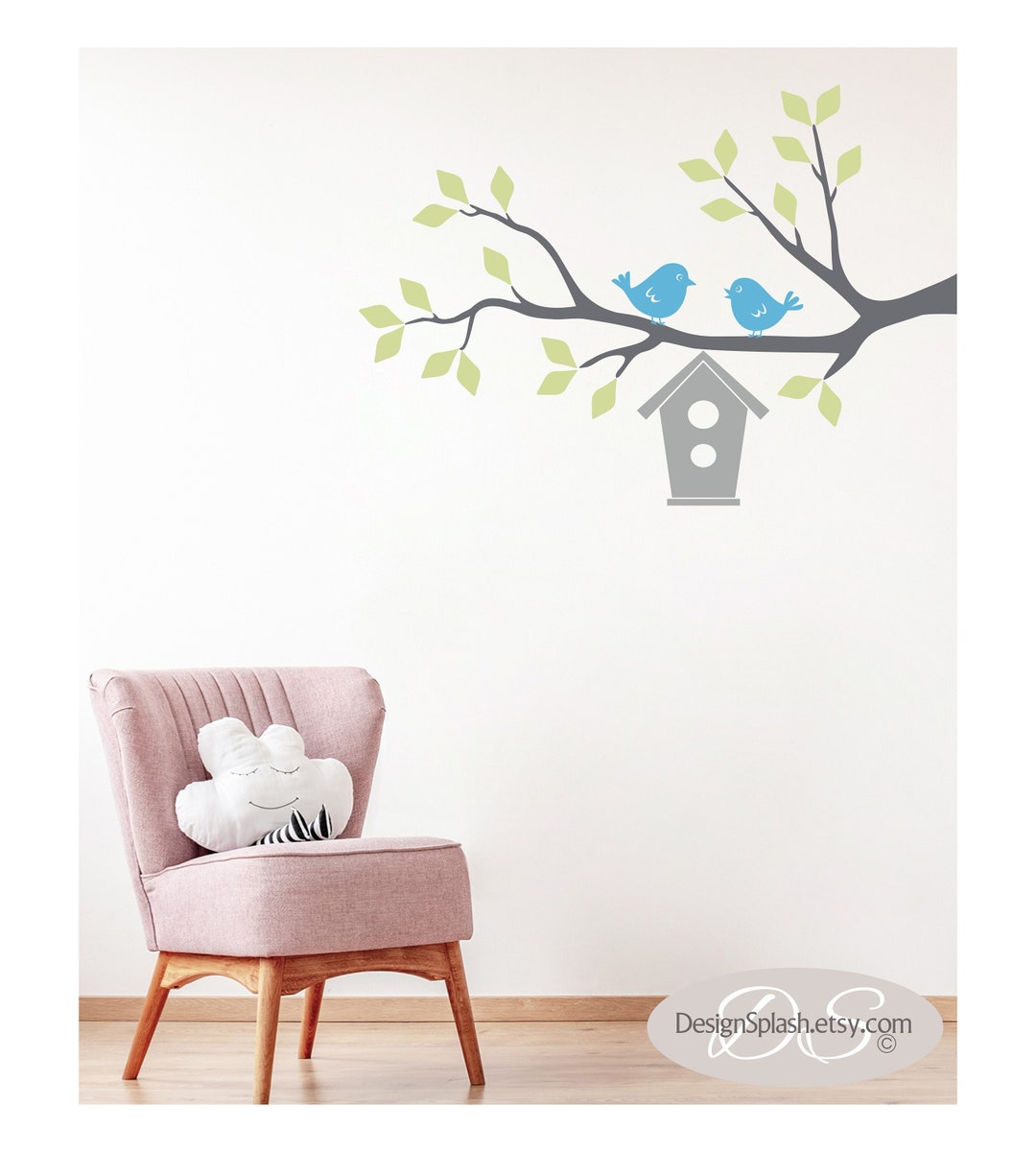 Tree Branch With Birdhouse and Birds Wall Decal Set, Tree Wall Decor ...