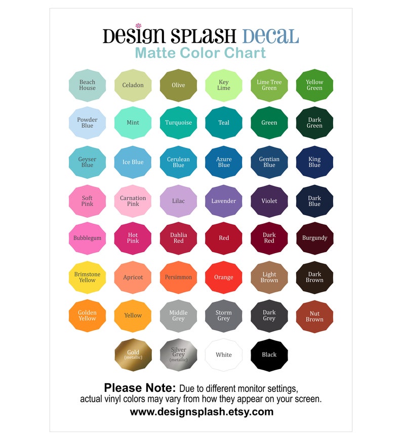 May include: Color chart showing 36 different colors in a grid format. The colors are labeled with names such as "Beach House", "Celadon", "Olive", "Key Lime", "Lime Tree Green", "Yellow Green", "Powder Blue", "Mint", "Turquoise", "Teal", "Green", "Dark Green", "Geyser Blue", "Ice Blue", "Cerulean Blue", "Azure Blue", "Gentian Blue", "King Blue", "Soft Pink", "Carnation Pink", "Lilac", "Lavender", "Violet", "Dark Blue", "Bubblegum", "Hot Pink", "Dahlia Red", "Red", "Dark Red", "Burgundy", "Brimstone Yellow", "Apricot", "Persimmon", "Orange", "Light Brown", "Dark Brown", "Golden Yellow", "Yellow", "Middle Grey", "Storm Grey", "Dark Grey", "Nut Brown", "Gold (metallic)", "Silver Grey (metallic)", "White", and "Black".