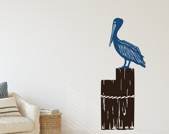 Pelican on Harbor Pilings, Beach Decor, Coastal Wall Art, Beach Den - A-134