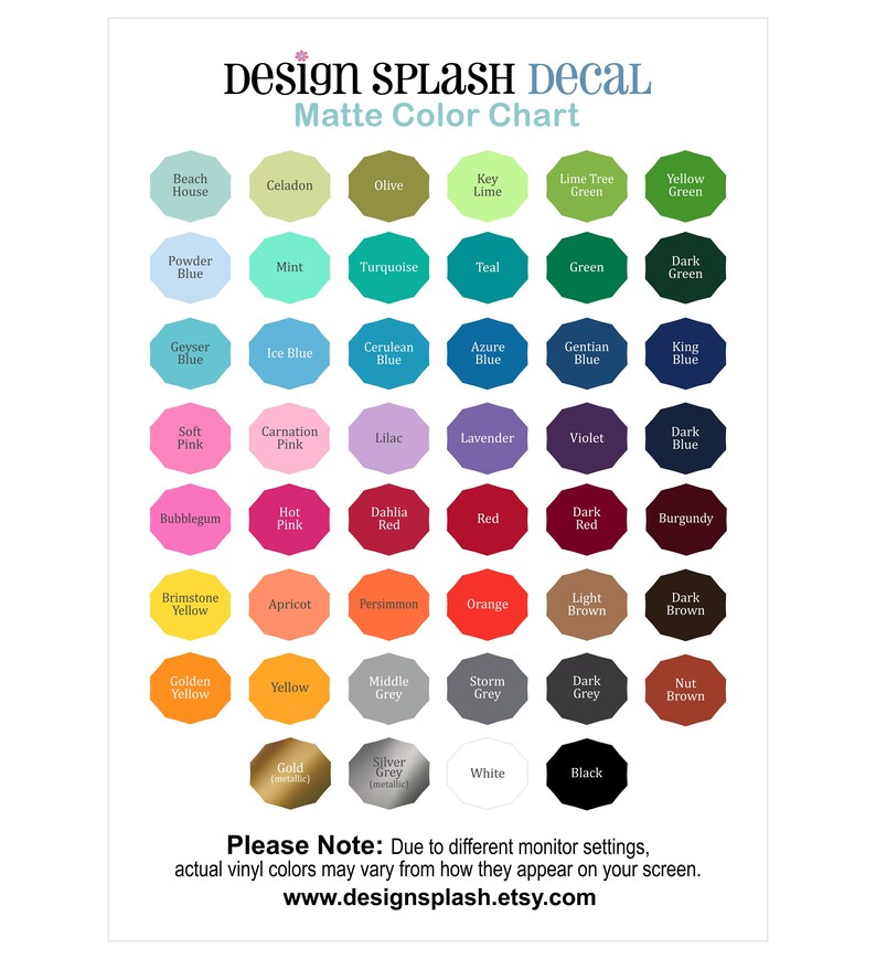 May include: Color chart showing 36 different colors in a grid format. The colors are labeled with names such as "Beach House", "Celadon", "Olive", "Key Lime", "Lime Tree Green", "Yellow Green", "Powder Blue", "Mint", "Turquoise", "Teal", "Green", "Dark Green", "Geyser Blue", "Ice Blue", "Cerulean Blue", "Azure Blue", "Gentian Blue", "King Blue", "Soft Pink", "Carnation Pink", "Lilac", "Lavender", "Violet", "Dark Blue", "Bubblegum", "Hot Pink", "Dahlia Red", "Red", "Dark Red", "Burgundy", "Brimstone Yellow", "Apricot", "Persimmon", "Orange", "Light Brown", "Dark Brown", "Golden Yellow", "Yellow", "Middle Grey", "Storm Grey", "Dark Grey", "Nut Brown", "Gold (metallic)", "Silver Grey (metallic)", "White", and "Black".
