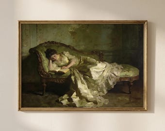 Victorian Woman Reading Print, Dark Academia Wall Art, Vintage Library Painting, Old Money Aesthetic Decor, Bookish Antique Portrait