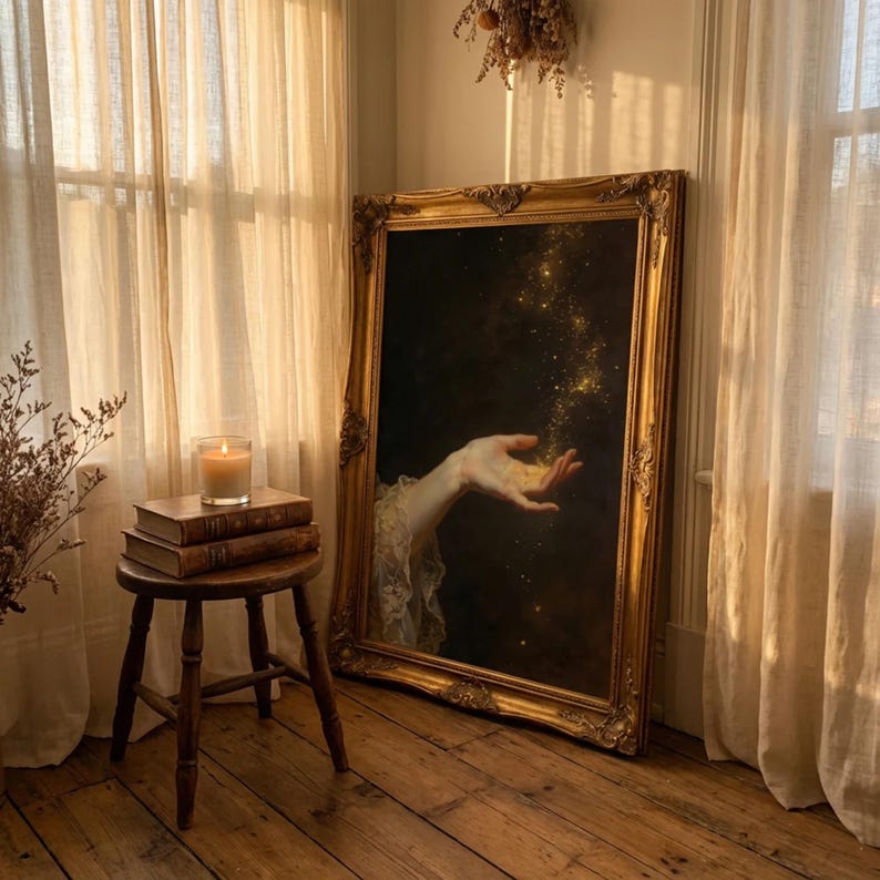 May include: A large, ornate gold framed painting leans against a wall. The painting depicts a hand reaching out to catch golden sparkles against a dark background. A small wooden stool holds stacked books and a lit candle.