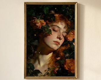 Sleepy Witch Print, Witchy Wall Art, Romantic Floral Painting, Dark Cottagecore Decor, Dark Academia Portrait