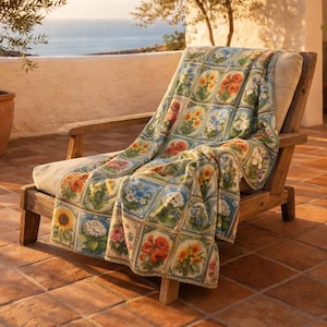 Manta de forro polar Sherpa con estampado botánico vintage / Manta de patchwork floral