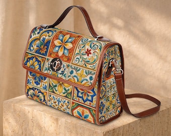 Mediterran Fliesenmuster Wasserdicht Canvas-Tasche | Blumen Mosaik Umhängetasche