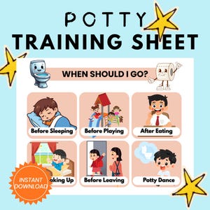 Puede incluir: Una hoja de entrenamiento para ir al baño de color azul claro con el texto "POTTY TRAINING SHEET" y "WHEN SHOULD I GO?". La hoja incluye ilustraciones de niños y un inodoro. Una pegatina naranja dice "INSTANT DOWNLOAD".